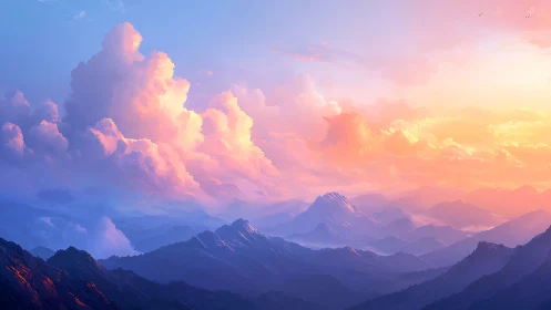 Radiant sunrise bathes tranquil mountains in pastel light.