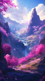 Vertical valley landscape shows pink trees and distant mountains