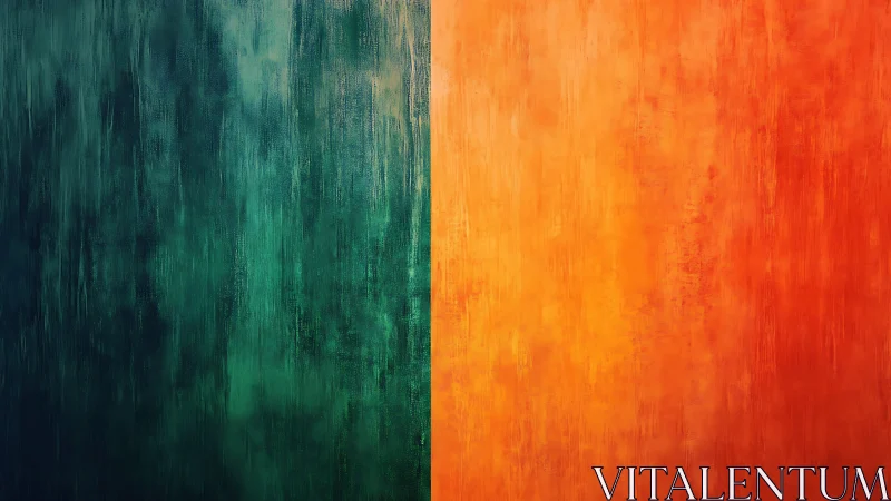 Vertical split abstract painting contrasts teal and orange color fields