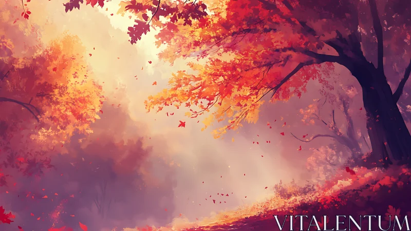 Luminous autumn forest canopy with diffuse sunbeams and falling leaves.