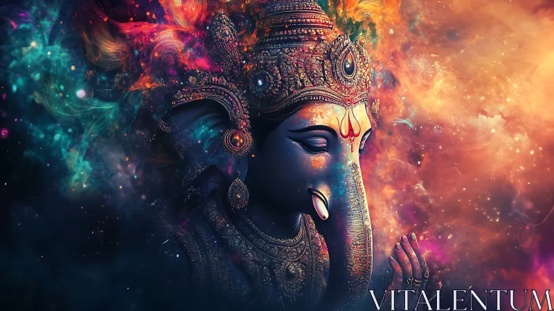 Cosmic digital Ganesh portrait fusing nebula light and ornate detail