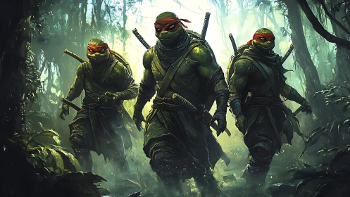 Stealthy turtle warriors stride boldly through a misty jungle
