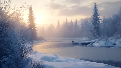 Radiant winter riverine corridor in low-angle atmospheric light.