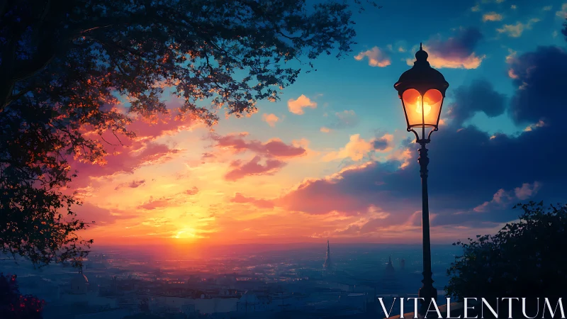 Sunset sky over distant city with single lit streetlamp.