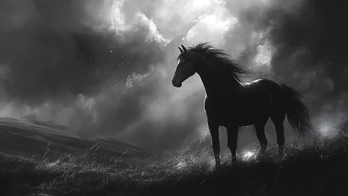 Stormlit stallion pauses where thunder meets the grasslands