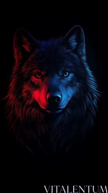 Bicolored neon wolf portrait uses red and blue rim lighting