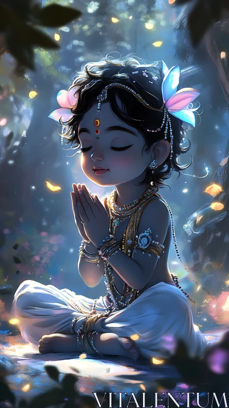 Divine child in prayer pose under glowing forest light.