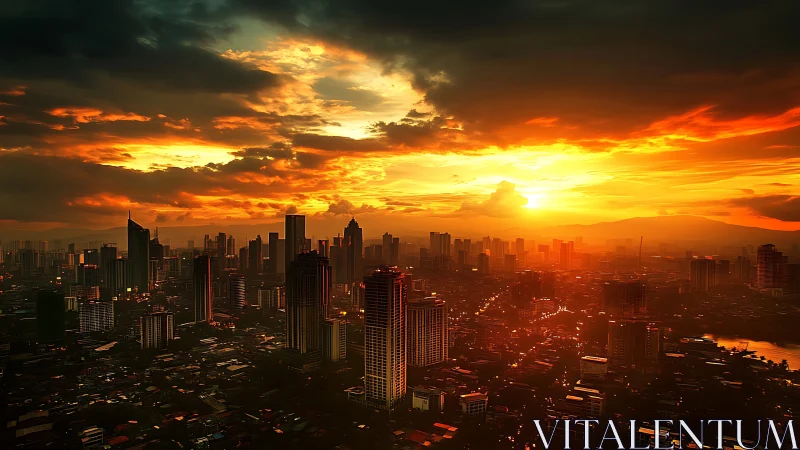Urban skyline silhouettes ignite under molten sunset sky.
