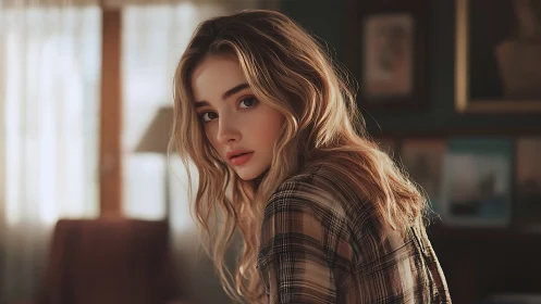 Gentle light on a thoughtful young woman in a cozy room.