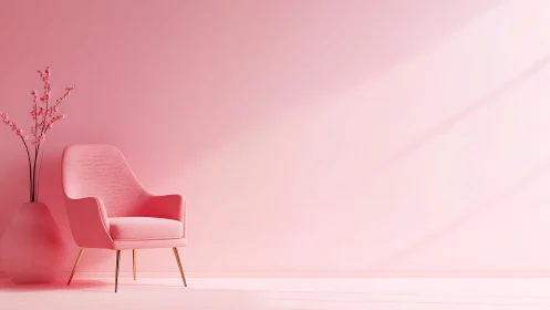 Soft pink lounge chair in minimalist pastel interior scene.