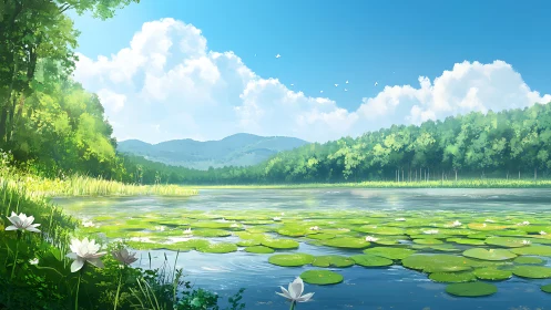 Sunlit lily pond drifts peacefully beneath soft summer clouds