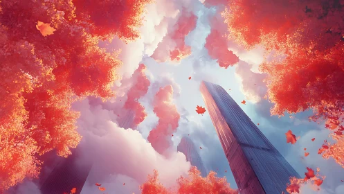 Crimson treetops frame soaring towers in luminous sky portal.