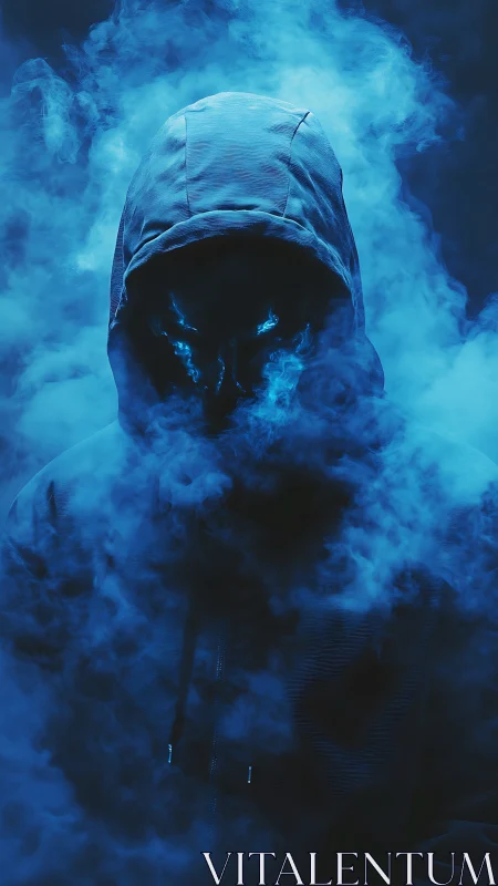 Hooded spectral figure in blue volumetric fog illumination.