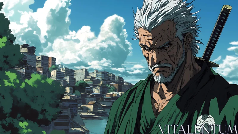 Weathered samurai with katana before dense riverside favela