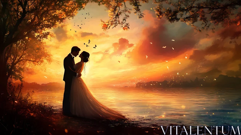 Couple silhouette at sunset over water with dramatic sky