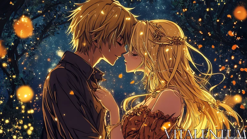 Romantic anime couple embracing under glowing night sky.
