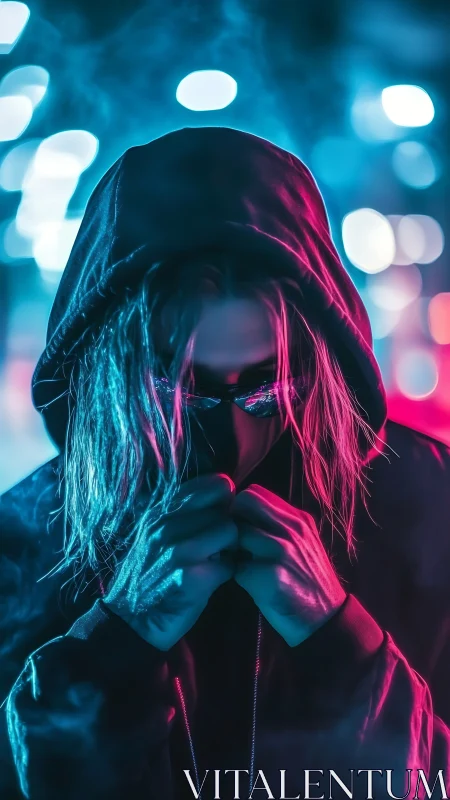 Hooded figure under neon bokeh with strong cyan‑magenta rim lighting