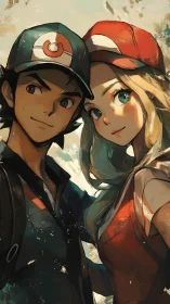 Two anime trainers pose closely in painterly portrait style