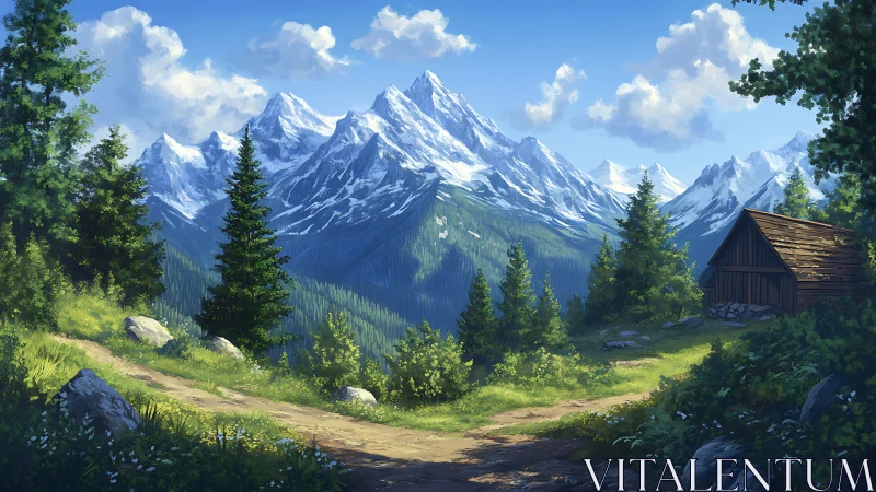 Sunlit alpine path curling toward crystal mountain crowns.