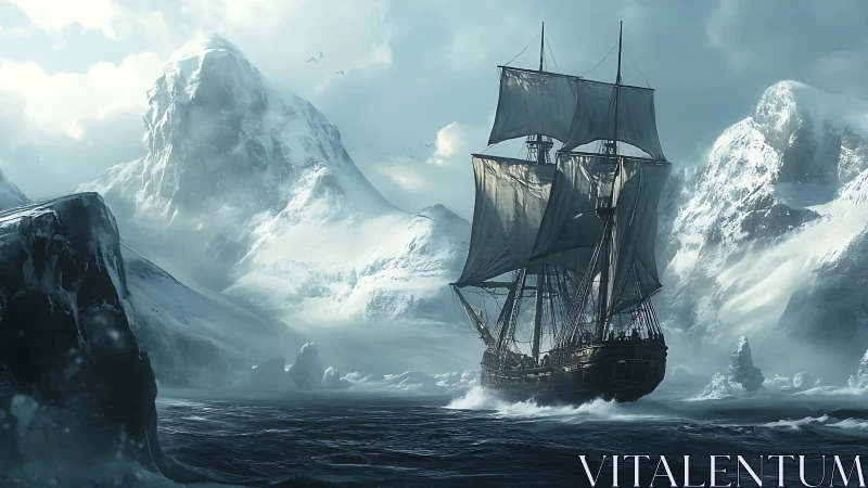Tall ship under full sail traverses glacial Arctic seascape