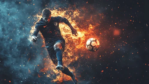 Soccer player in motion with fiery visual effects applied.