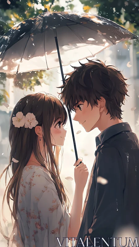 Two anime teenagers share umbrella under soft falling rain