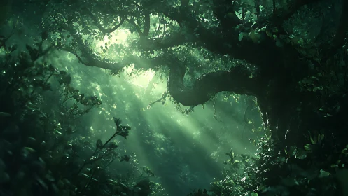 Forest Canopy with Sunlight Penetration Through Dense Foliage