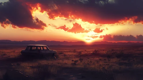 Abandoned station wagon rests in vast desert at sunset