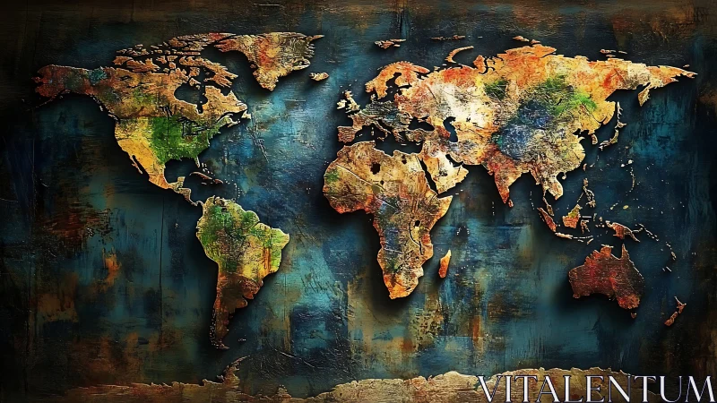 Textured world map in vivid patina over deep teal ground.