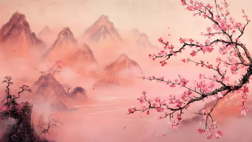 Pink misty mountains embrace flowering cherry blossom branch