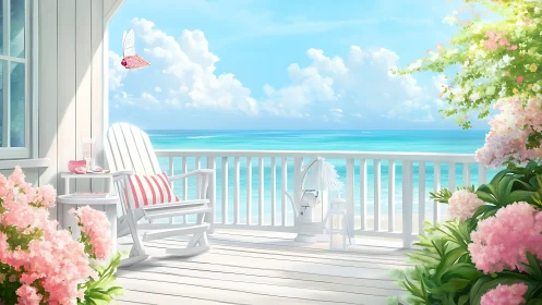 Sunlit seaside porch where quiet blooms into daydreams.