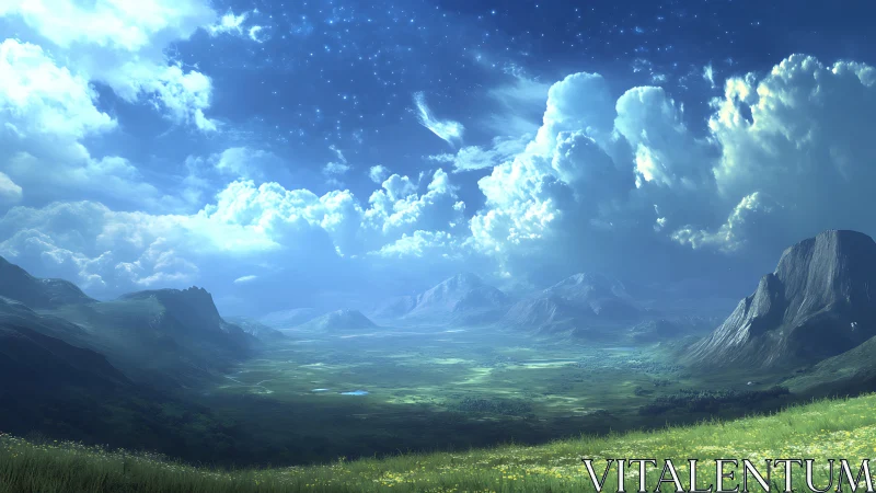 Starlit valley under towering clouds and distant peaks.