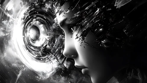 Quiet cybernetic dreamer listening to a swirling data storm.