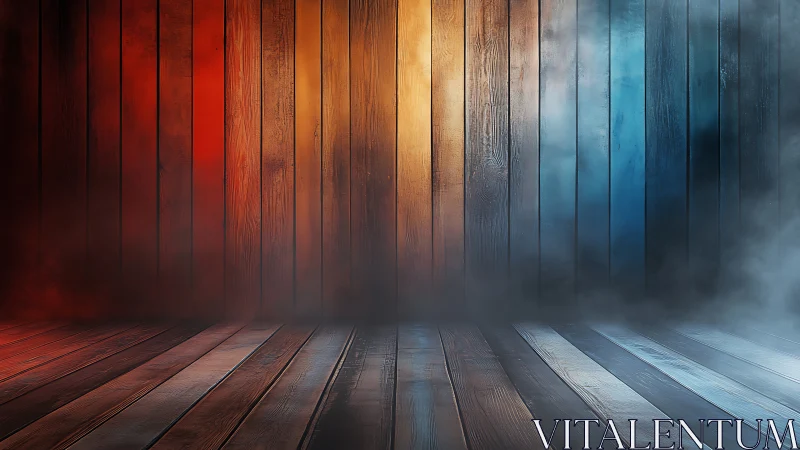 Wooden stage with red to blue gradient fog lighting.