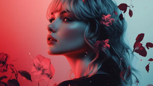 Digital portrait with neon lighting and floral fragments.