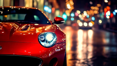 Red sports car glows under vibrant city night lights.