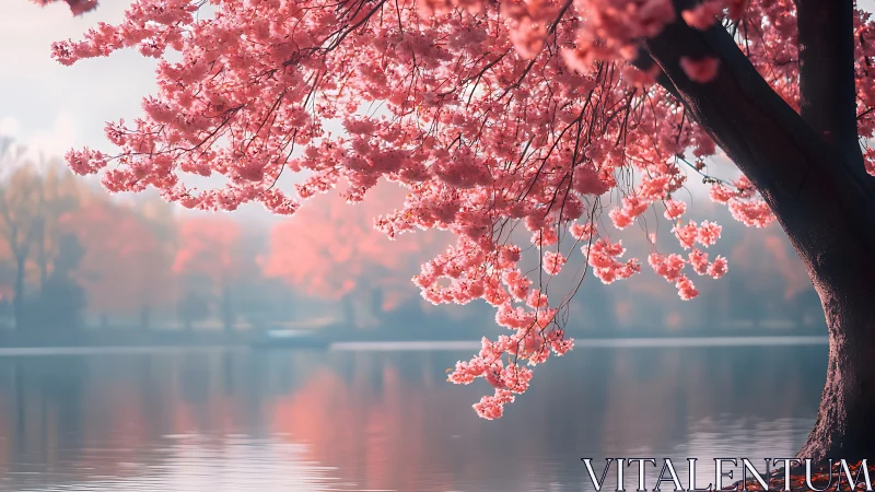 Gentle cherry blossoms drifting over a quiet spring lake.