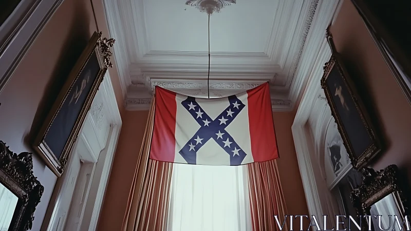 Confederate battle flag suspended in ornate interior room.