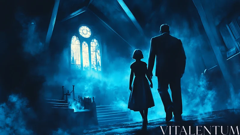Silhouetted pair walking into eerie blue lit church.