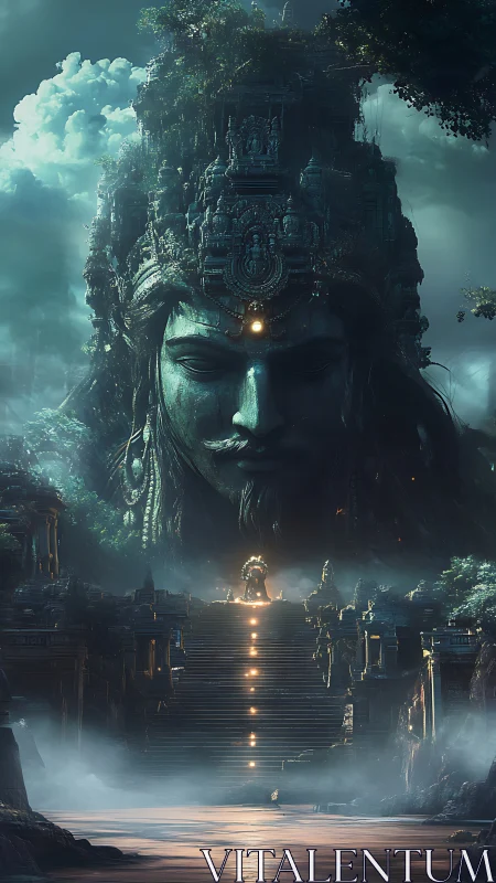 Mystic mountain temple and luminous guardian spirit watching.