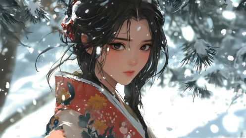 Snowy winter portrait of kimono-clad girl outdoors.