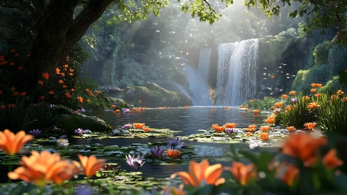 Waterfall pool with lilies and dense flowering forest environment.