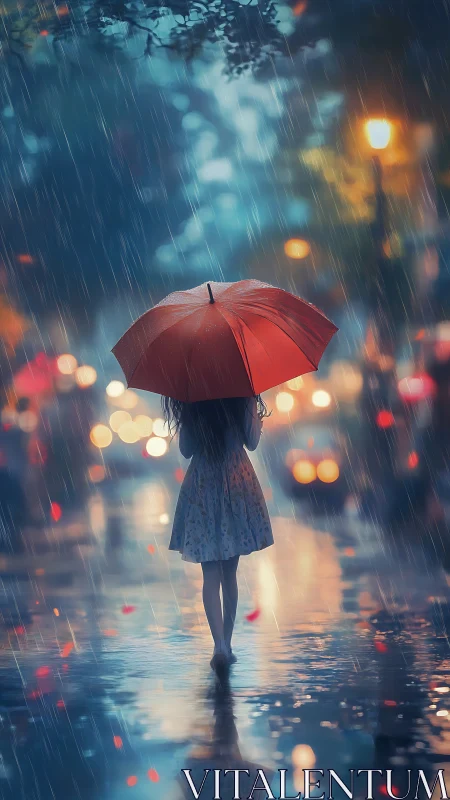 Girl under red umbrella walks through luminous rainy street