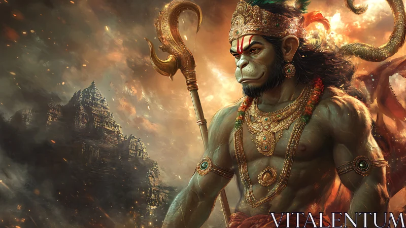 Divine warrior monkey god stands before blazing temple cliffs