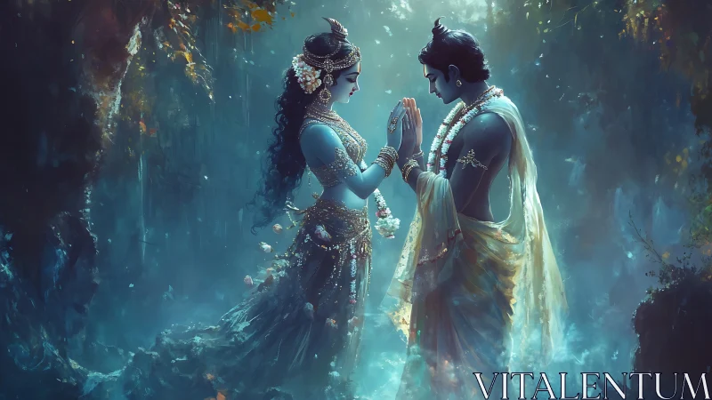 Divine blue-skinned couple rendered in luminous digital painting