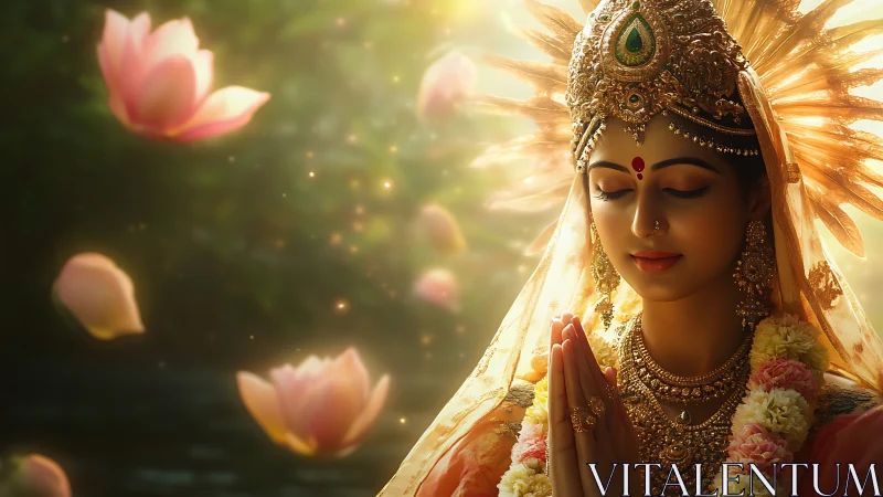 Woman in ornate ceremonial attire prays among lotus flowers
