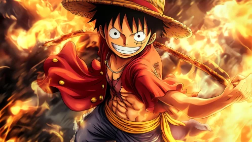 Straw hat anime hero charging through blazing firestorm.