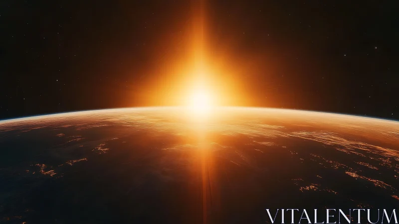 Sunrise over Earth horizon from deep space viewpoint.