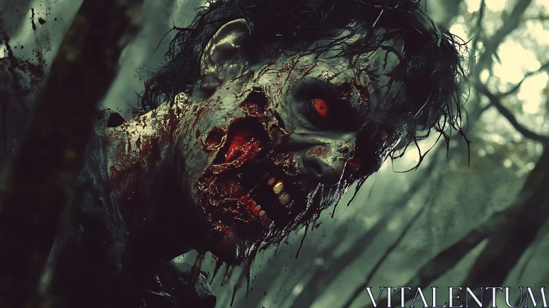 Grotesque zombie portrait with decayed face in forest.