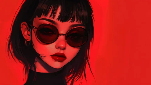 Red-lit digital portrait of woman in round sunglasses profile